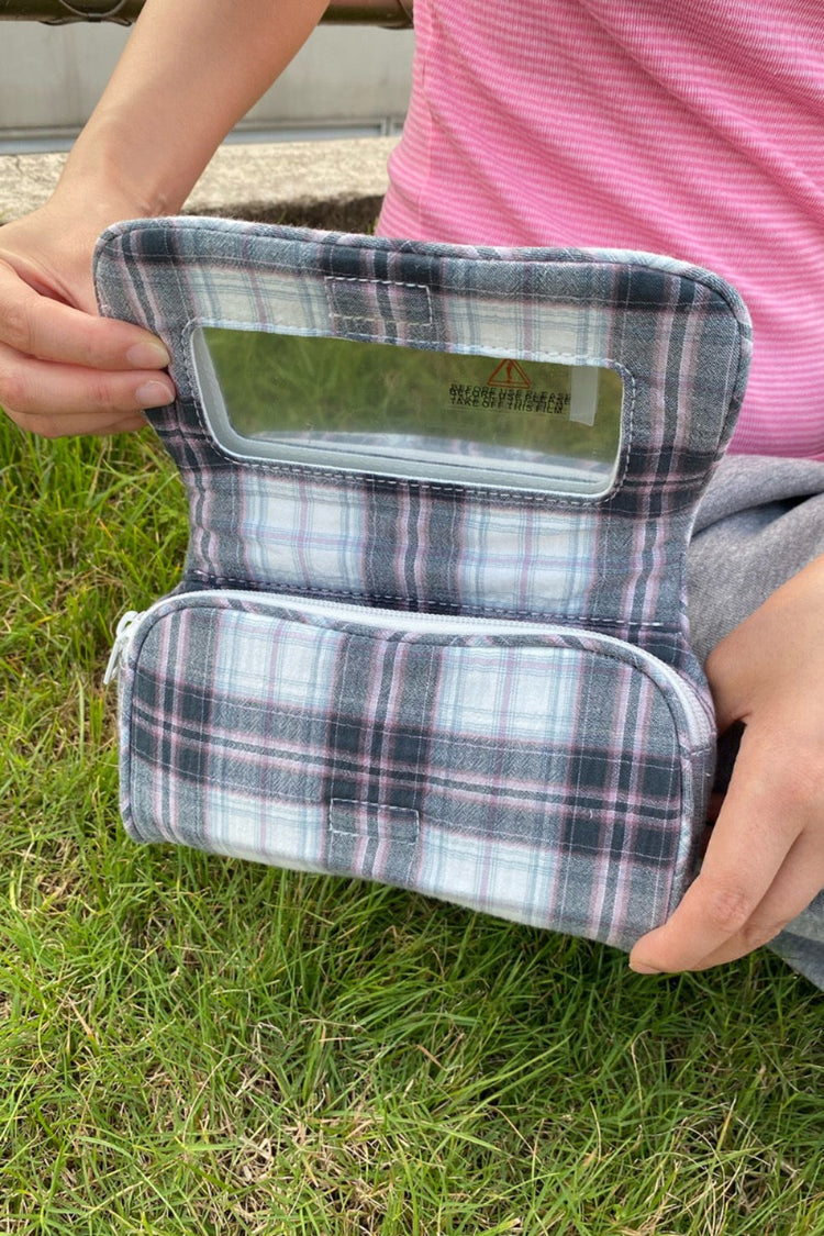 Plaid Makeup Bag | Grey With Pink And White Plaid