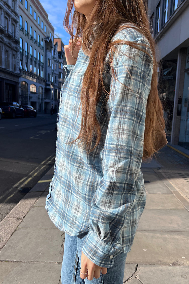 Hazel Flannel Top | Sky Blue With Gold Black Plaid / S/M