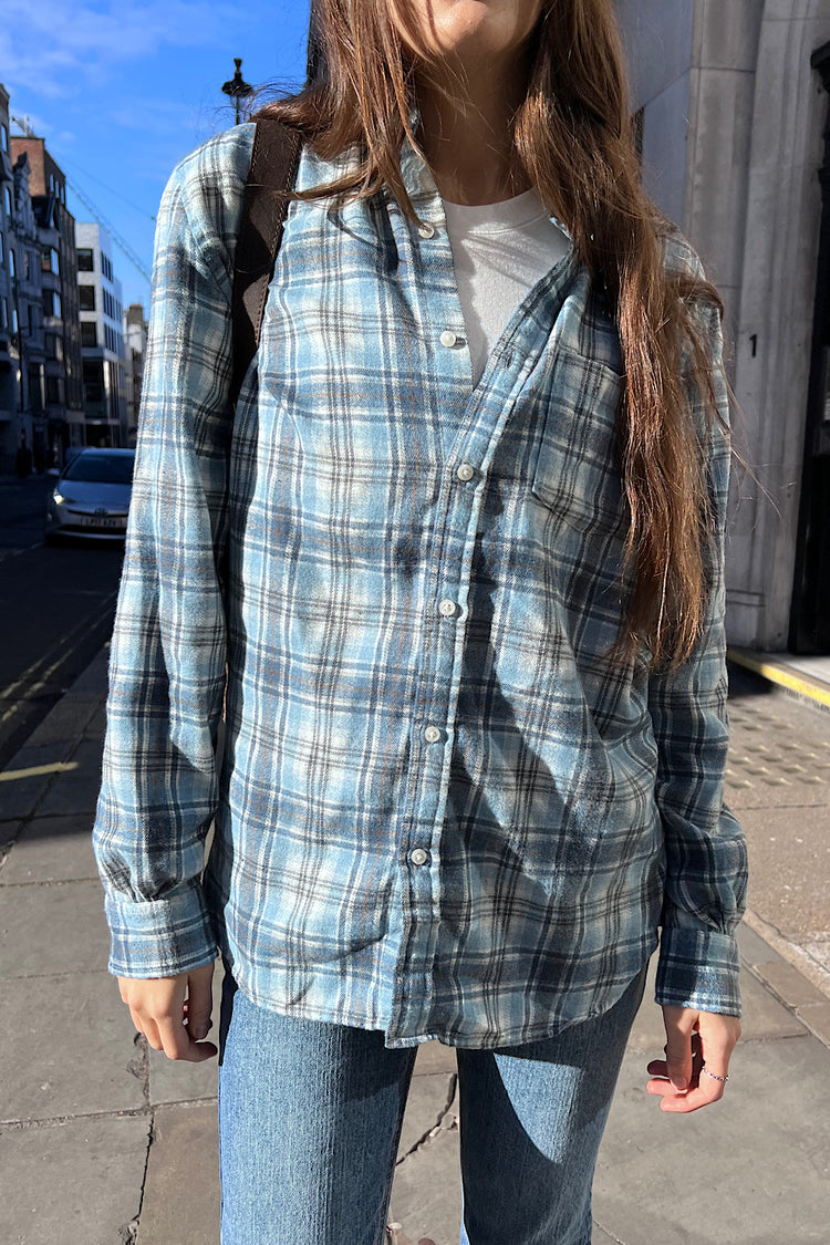 Hazel Flannel Top | Sky Blue With Gold Black Plaid / S/M