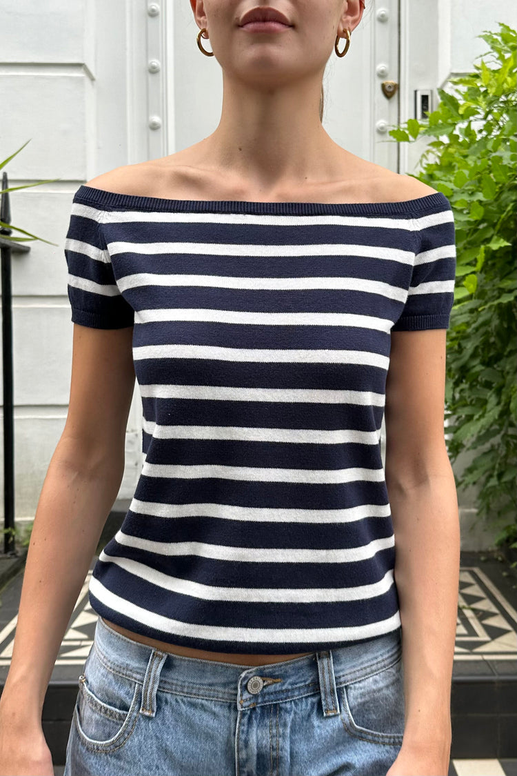 White With Navy Blue Stripes / S