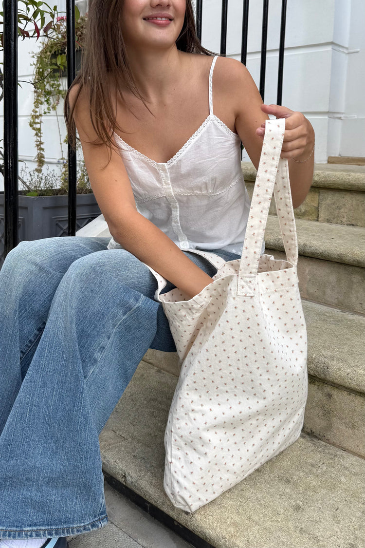 Floral Cotton Tote Bag | Ivory Peach Green Floral