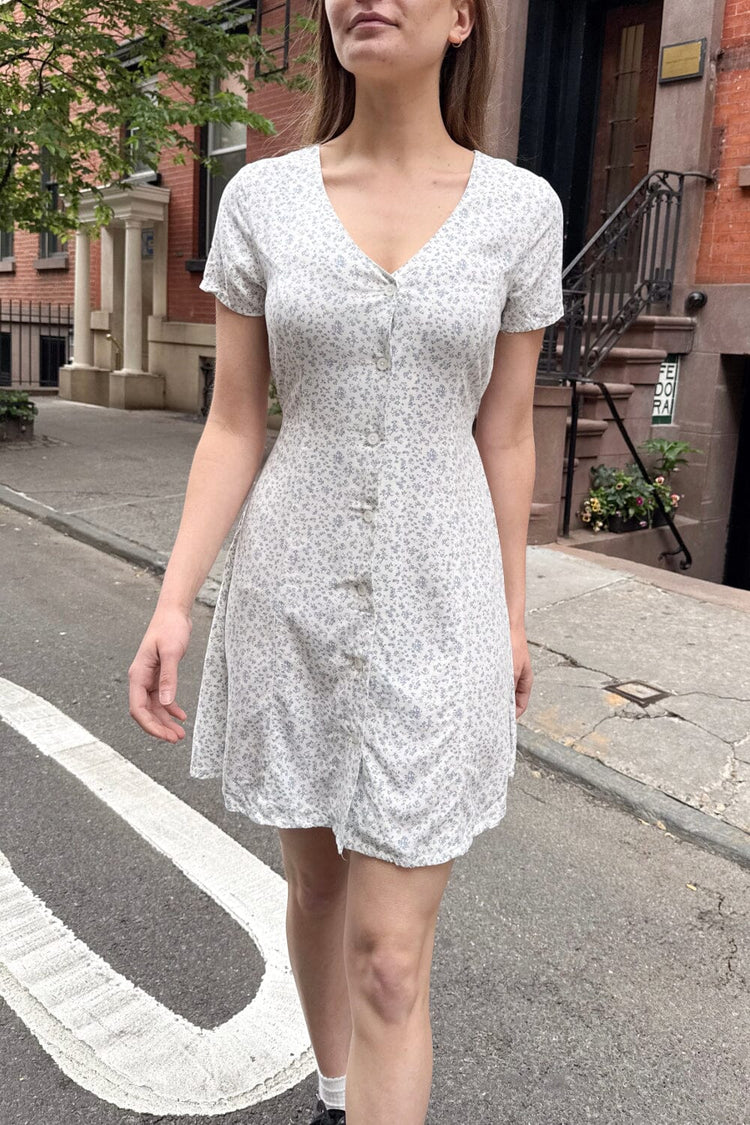Luisa Dress | Ivory With Light Blue Daisy Floral / S