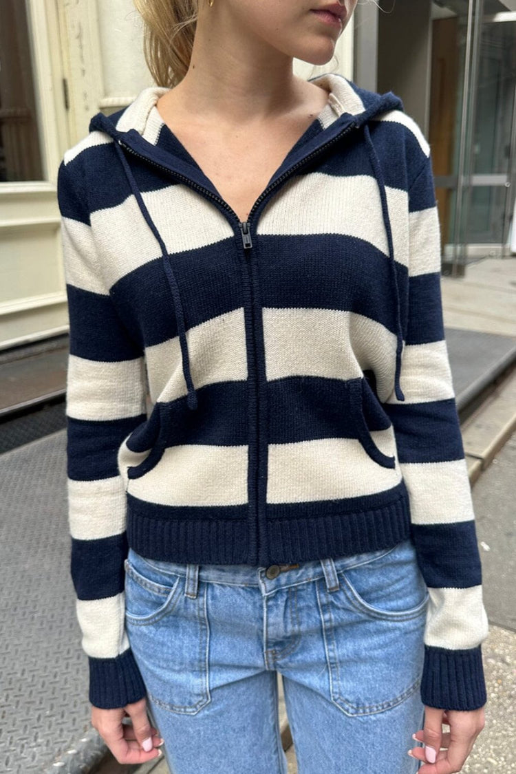 Alana Wool Striped Zip Up Sweater | Navy Blue / Cropped Fit