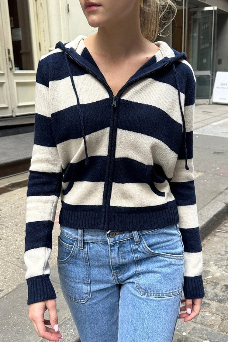 Alana Wool Striped Zip Up Sweater | Navy Blue / Cropped Fit