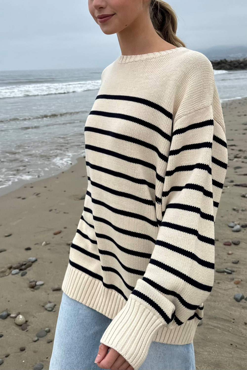 Beige and Navy Blue Thin Stripes / Oversized Fit