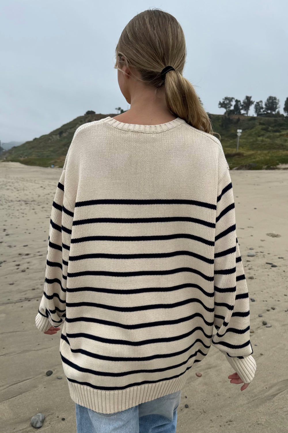 Beige and Navy Blue Thin Stripes / Oversized Fit