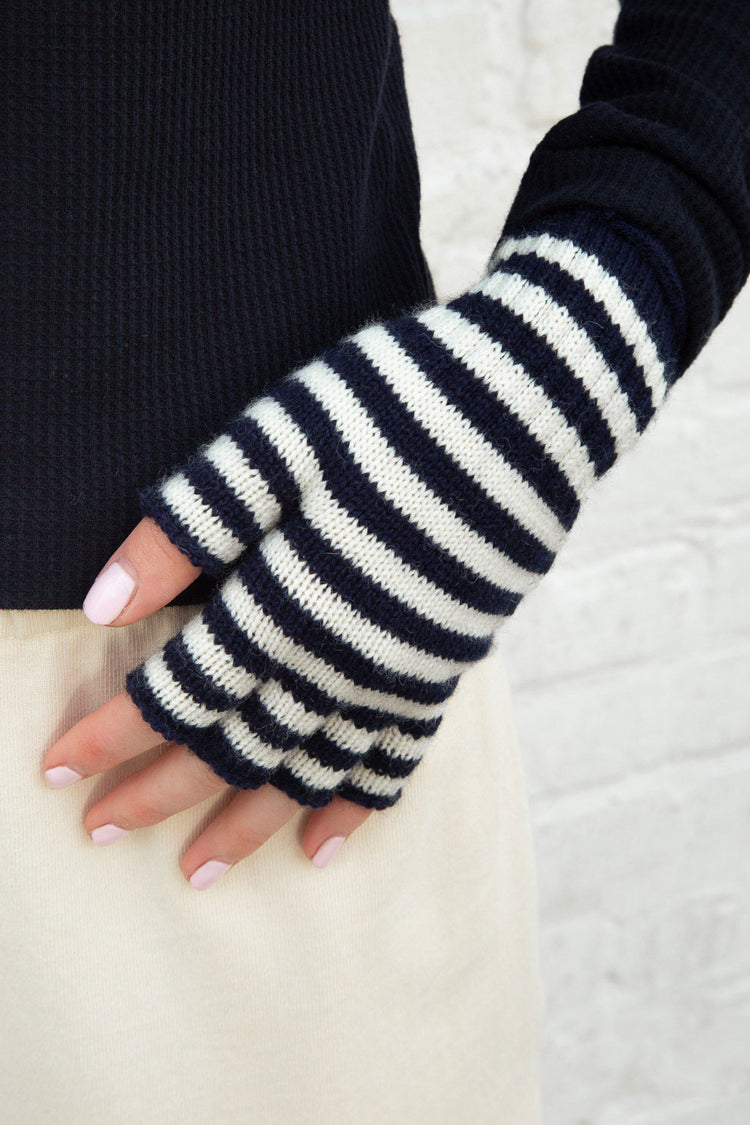 Fingerless Wool Striped Gloves | White With Navy Blue Stripes