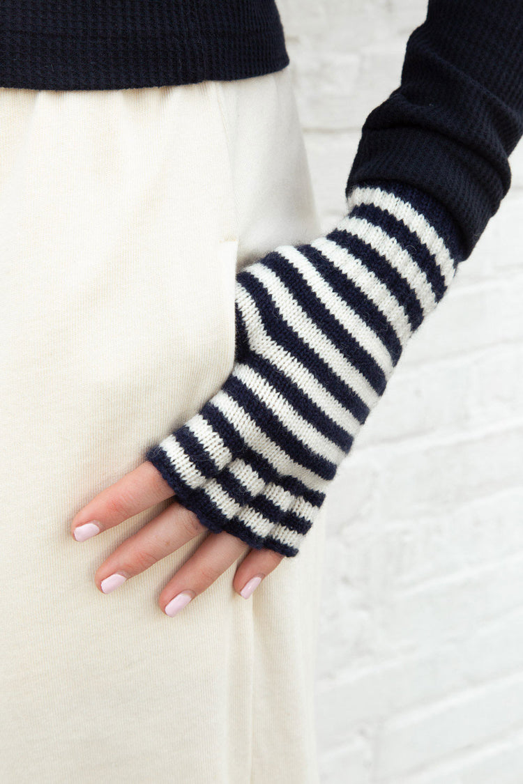 Fingerless Wool Striped Gloves | White With Navy Blue Stripes