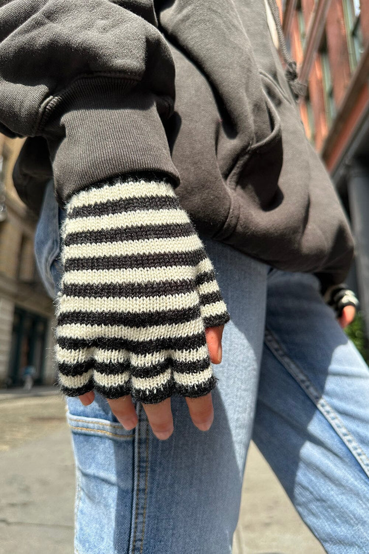 Fingerless Wool Striped Gloves | White and Black Stripe