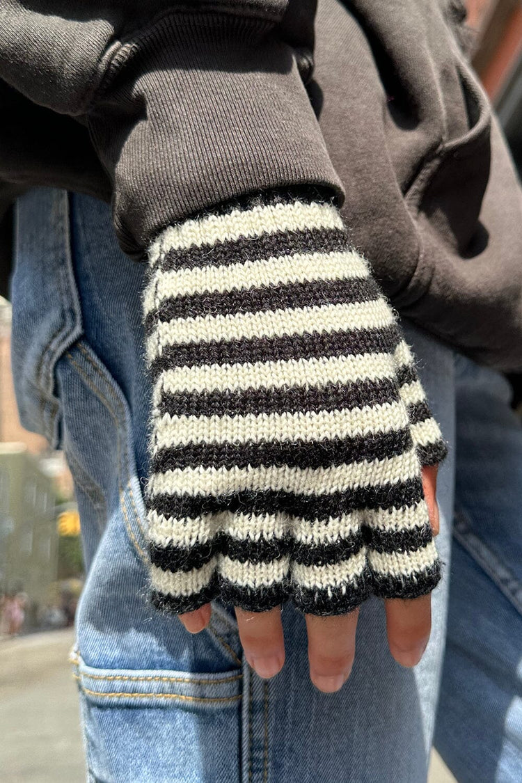 Fingerless Wool Striped Gloves | White and Black Stripe