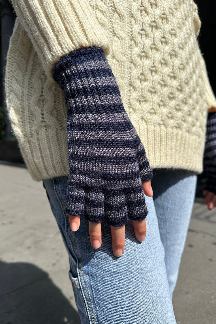 Fingerless Wool Striped Gloves | Navy Dusty Purple Stripes