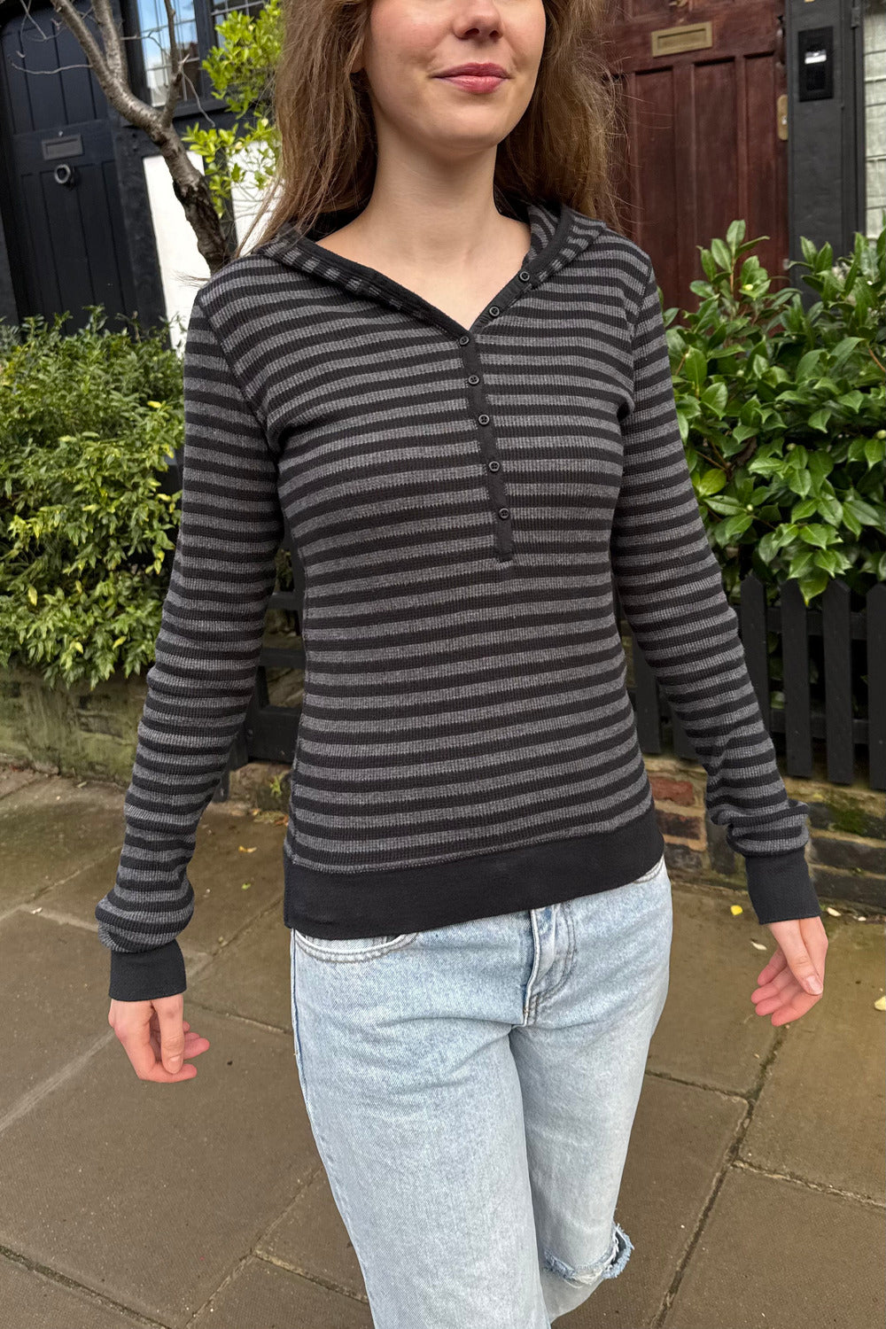 Maddison Hooded Top | Charcoal And Black Stripes / S