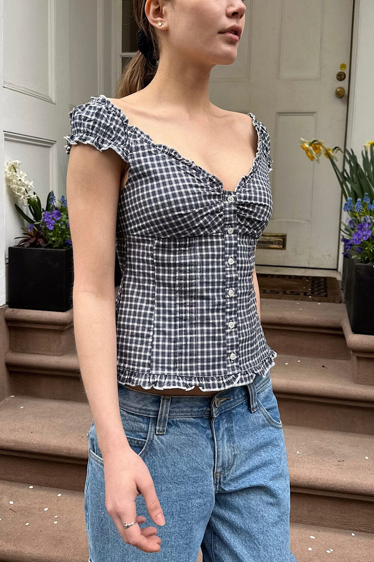 Elena Plaid Top | Dark Navy White Plaid / XS/S