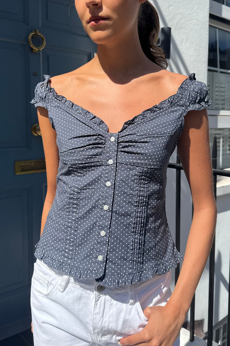 Elena Polka Dot Top | Faded Navy With White Polka Dots / XS/S