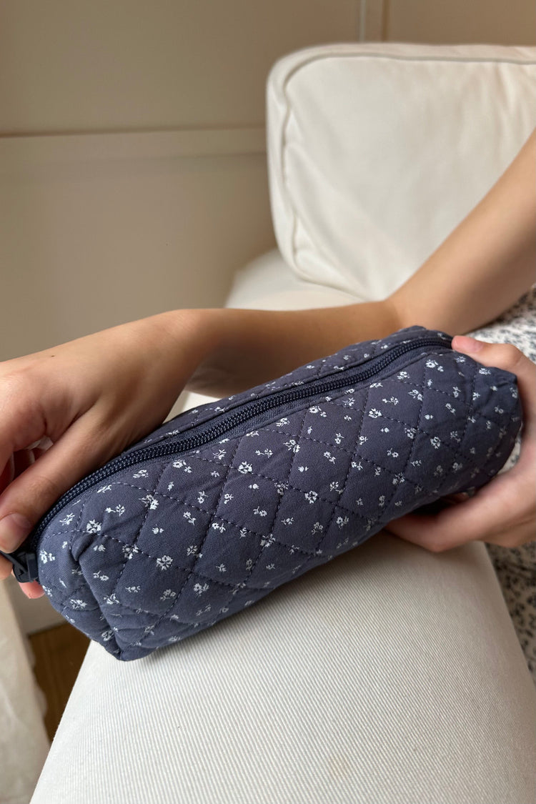 Floral Mini Makeup Bag | Washed Navy Blue With White Floral