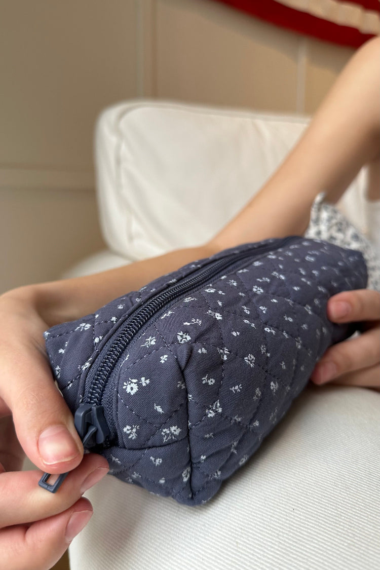 Floral Mini Makeup Bag | Washed Navy Blue With White Floral