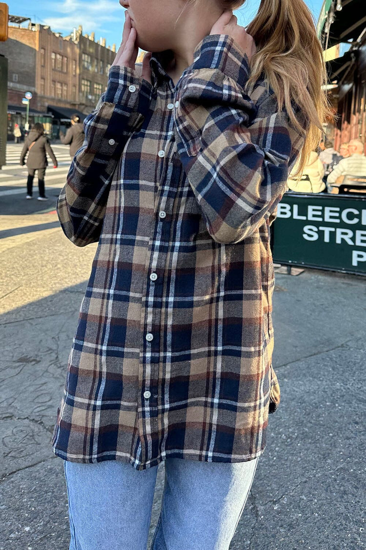 Hazel Flannel Top | Tan Navy Blue Plaid / S/M