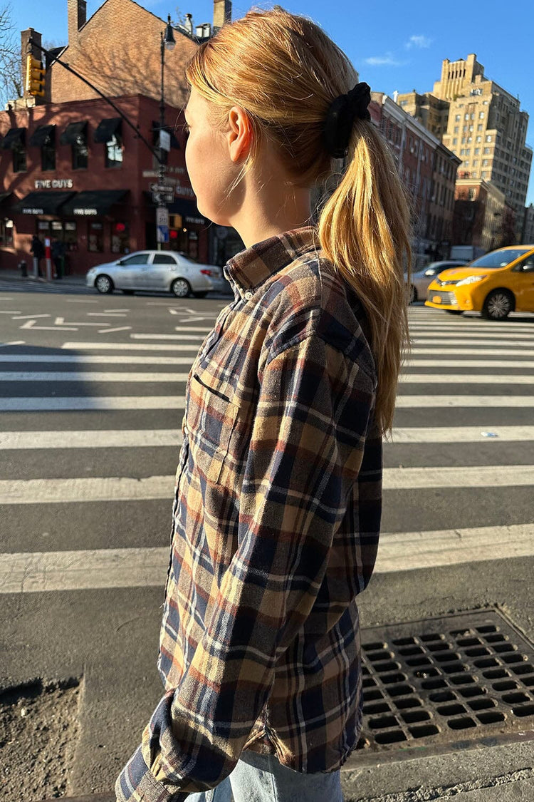 Hazel Flannel Top | Tan Navy Blue Plaid / S/M