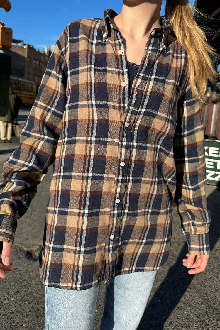 Hazel Flannel Top | Tan Navy Blue Plaid / S/M