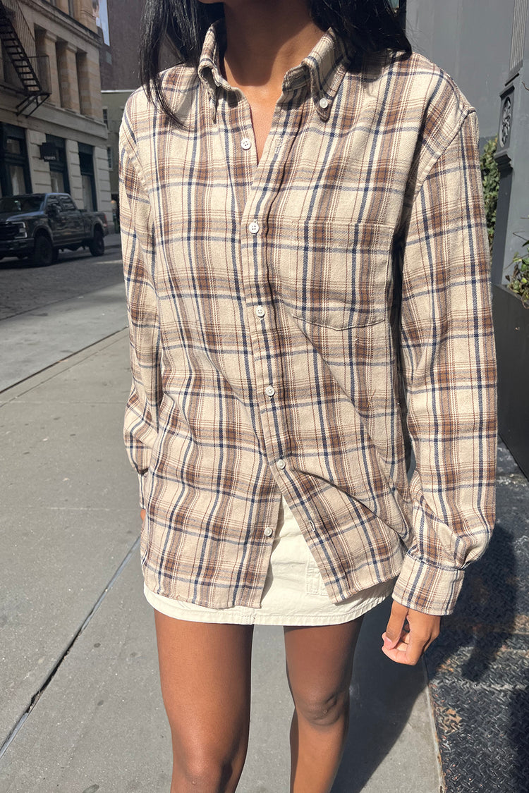Hazel Flannel Top | Tan Navy Brown Plaid / S/M