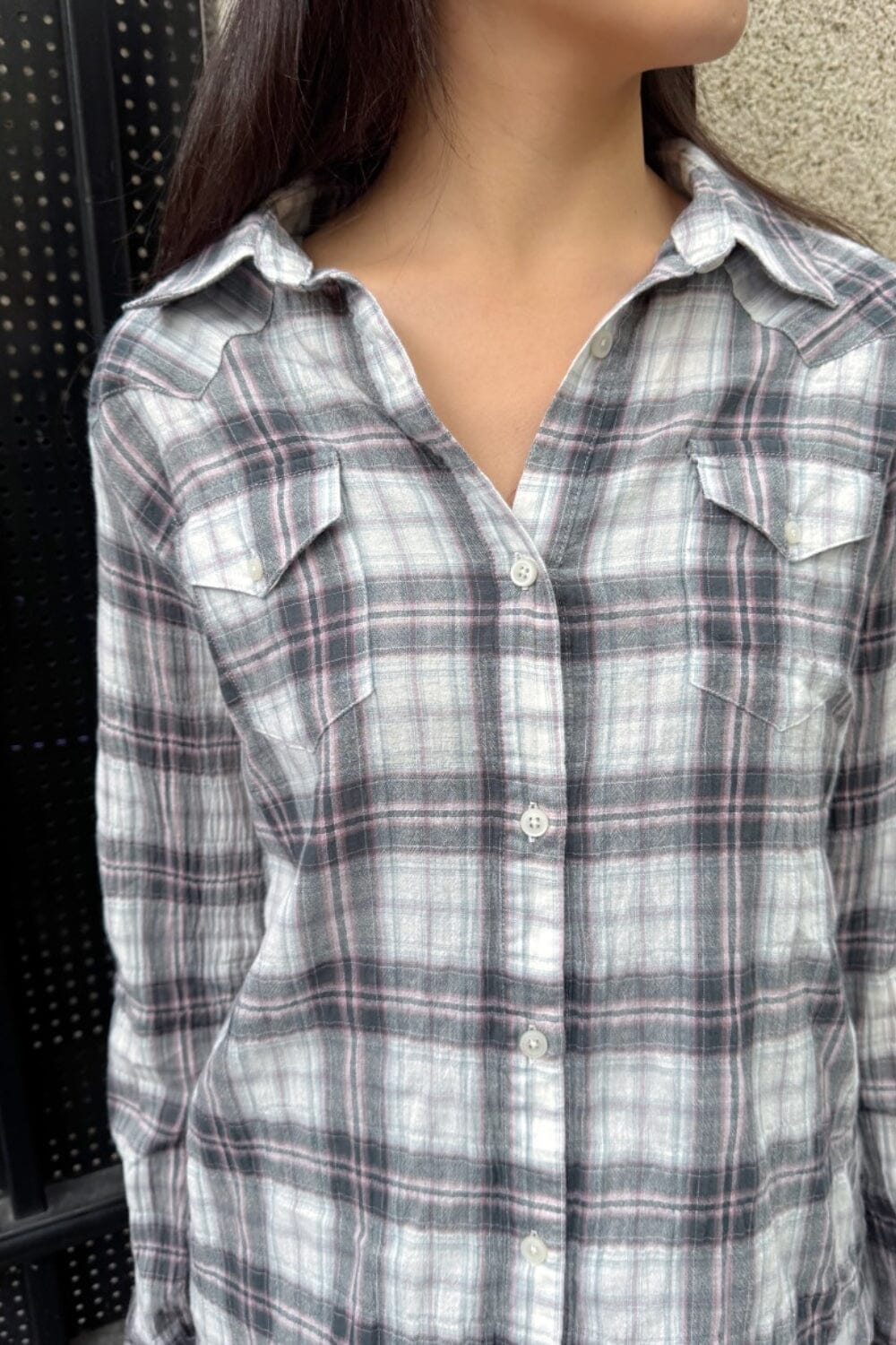 Hazel Flannel Top | Dark Gray with White Plaid and Light Pink Stripes / S