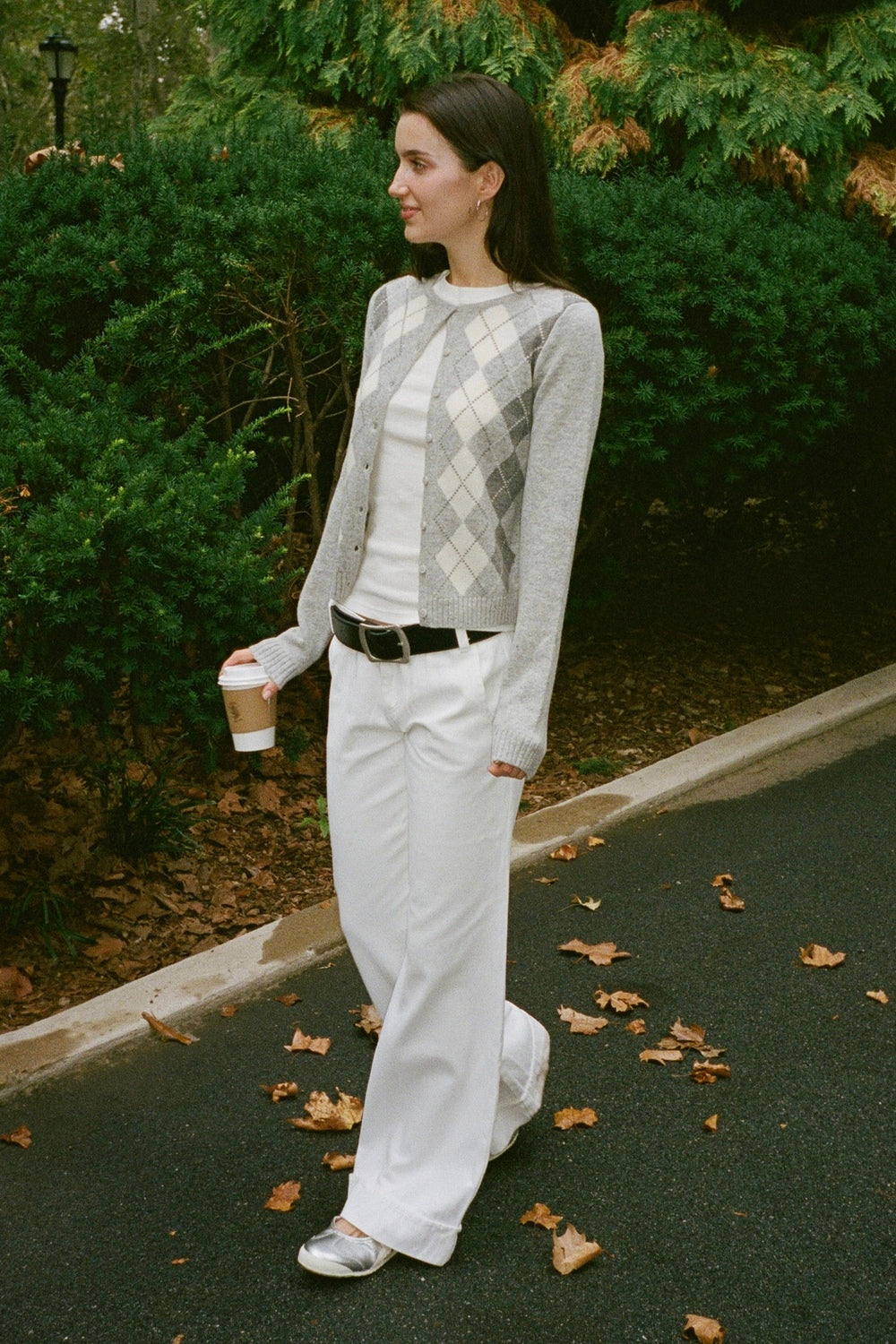 Elizabeth Wool Cardigan | Heather Grey White Argyle / XS/S