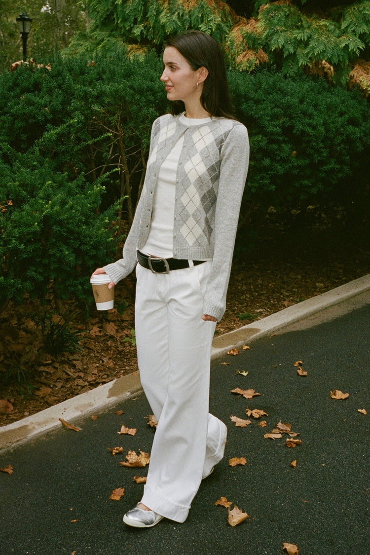 Elizabeth Wool Cardigan | Heather Grey White Argyle / XS/S