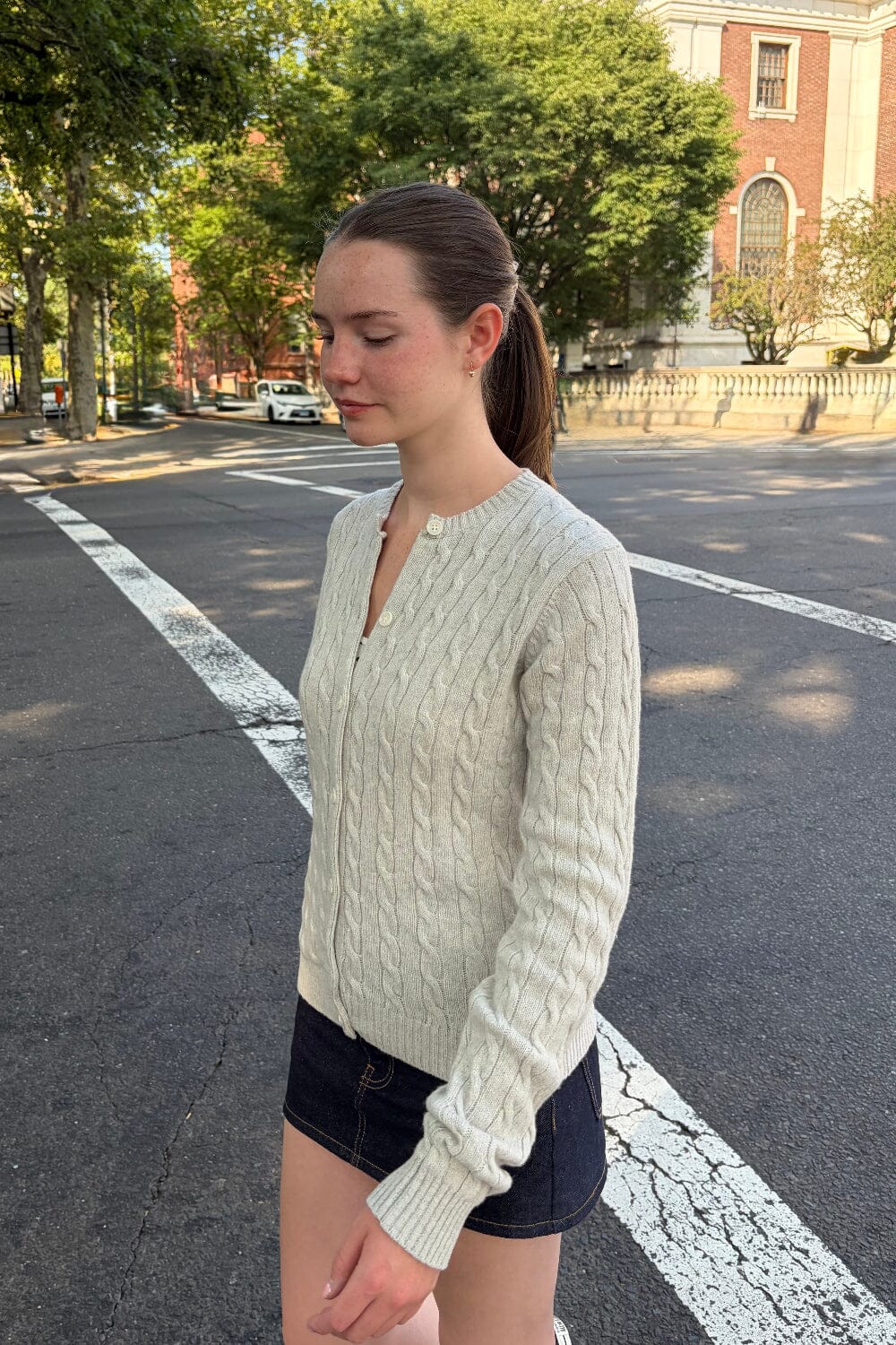 Olsen Wool Cable Knit Cardigan | Light Heather Grey / XS/S