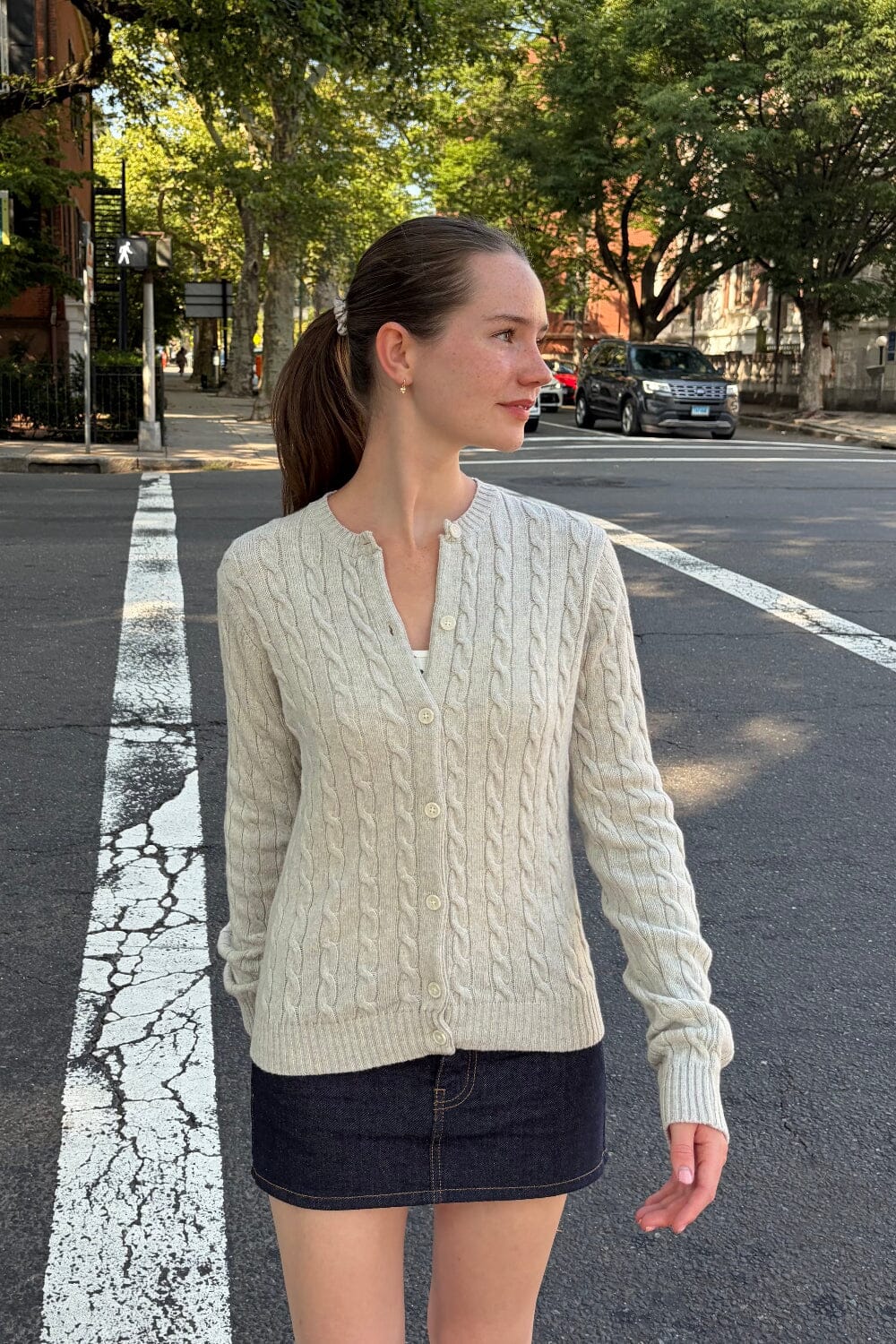 Olsen Wool Cable Knit Cardigan | Light Heather Grey / XS/S