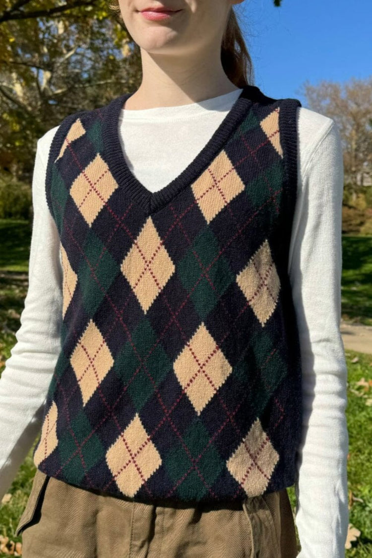 Peyton Wool Sweater Vest | Cream Blue Argyle / XS/S