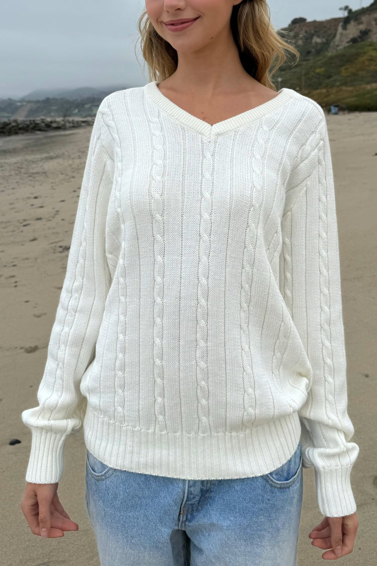 Ida Cotton Cable Knit V-Neck Sweater | Ivory / Regular Fit