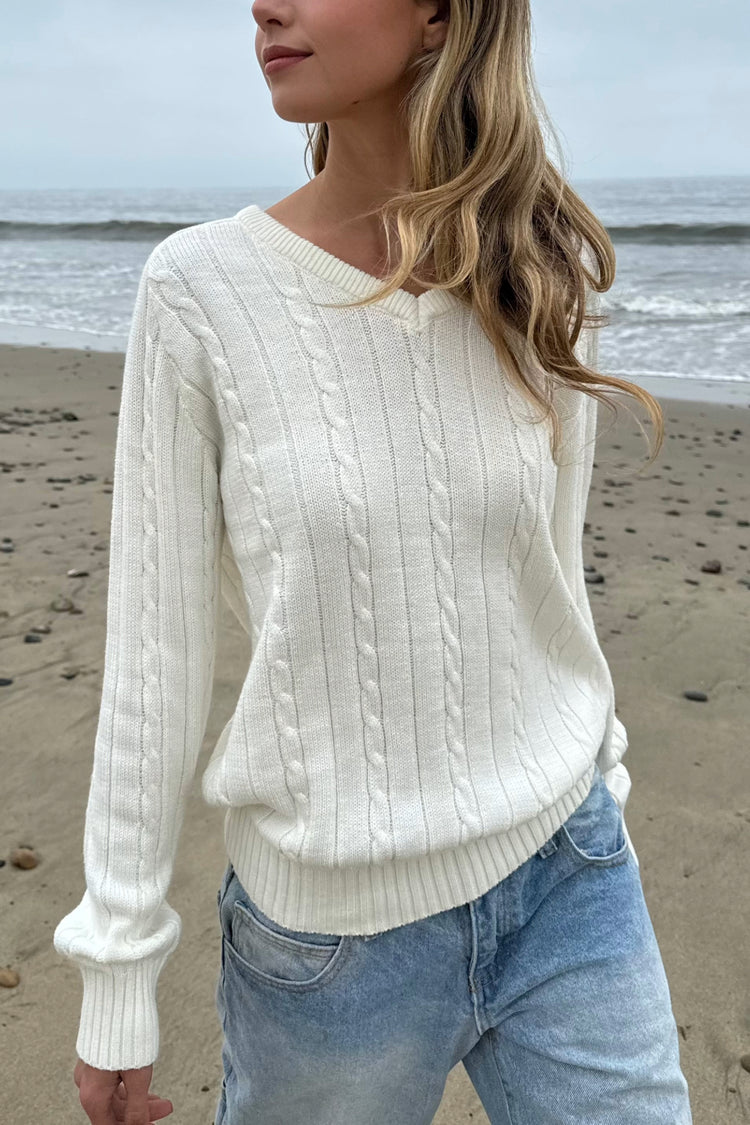 Ida Cotton Cable Knit V-Neck Sweater | Ivory / Regular Fit