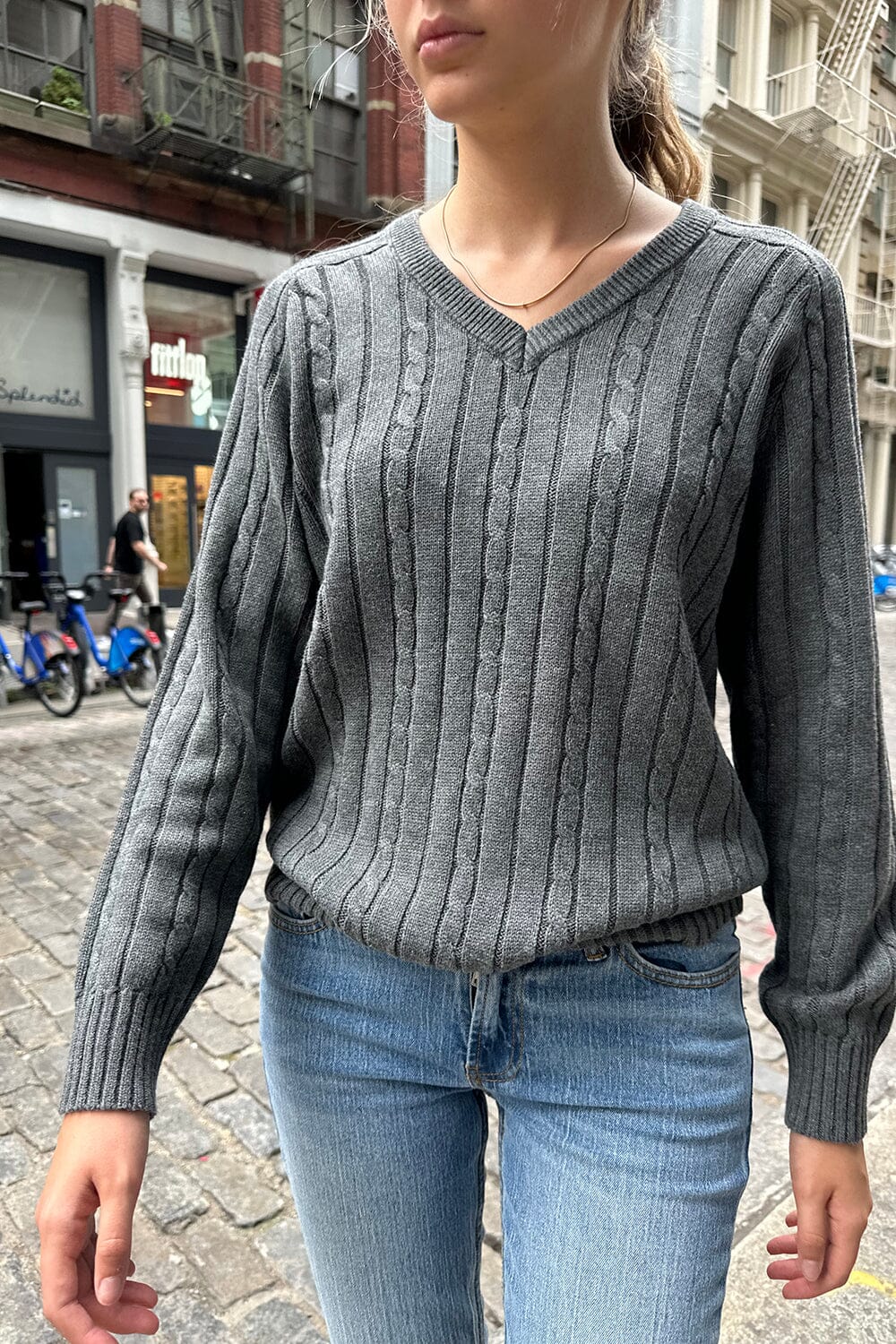 Ida Cotton Cable Knit V-Neck Sweater - Main Image