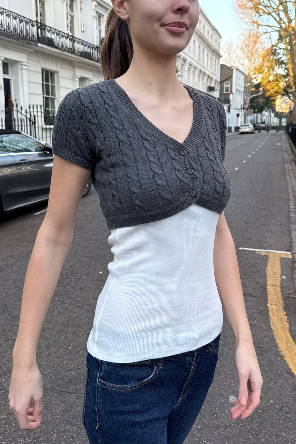 Larah Short Sleeve Cardigan | Charcoal / XS/S