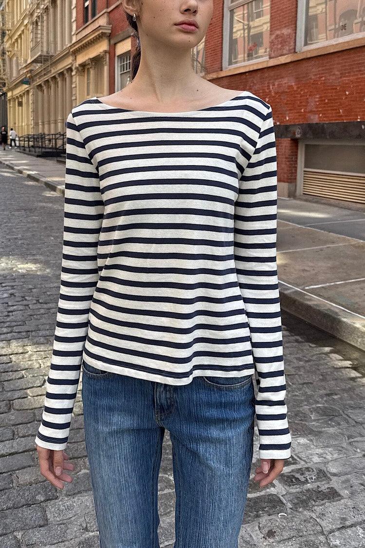 Jennie Striped Top | Ivory Navy Blue Stripes / S