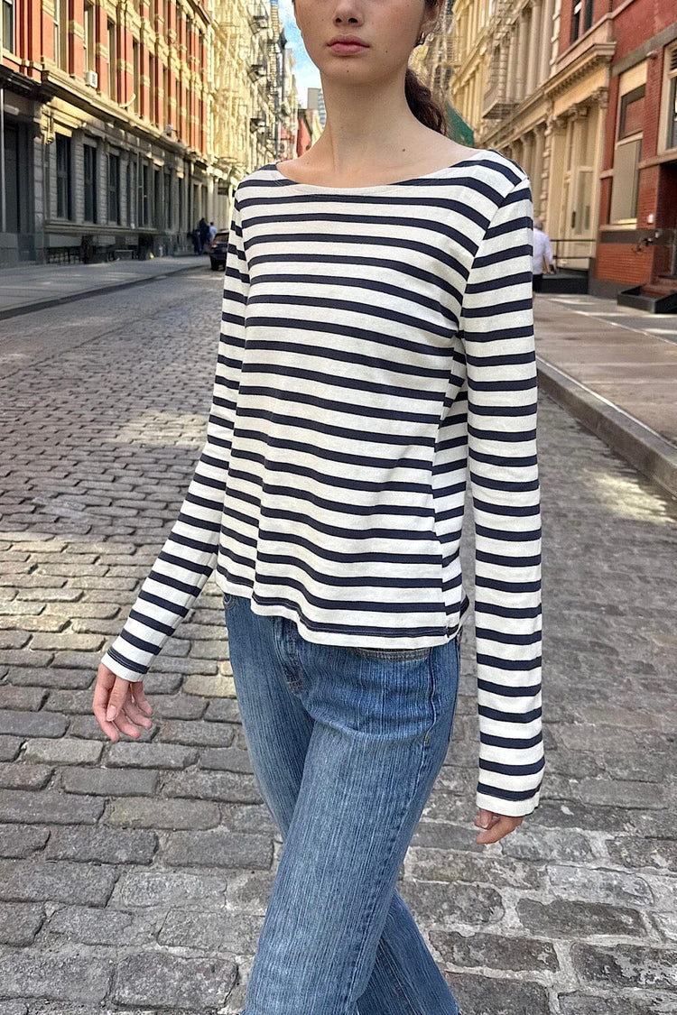 Jennie Striped Top | Ivory Navy Blue Stripes / S