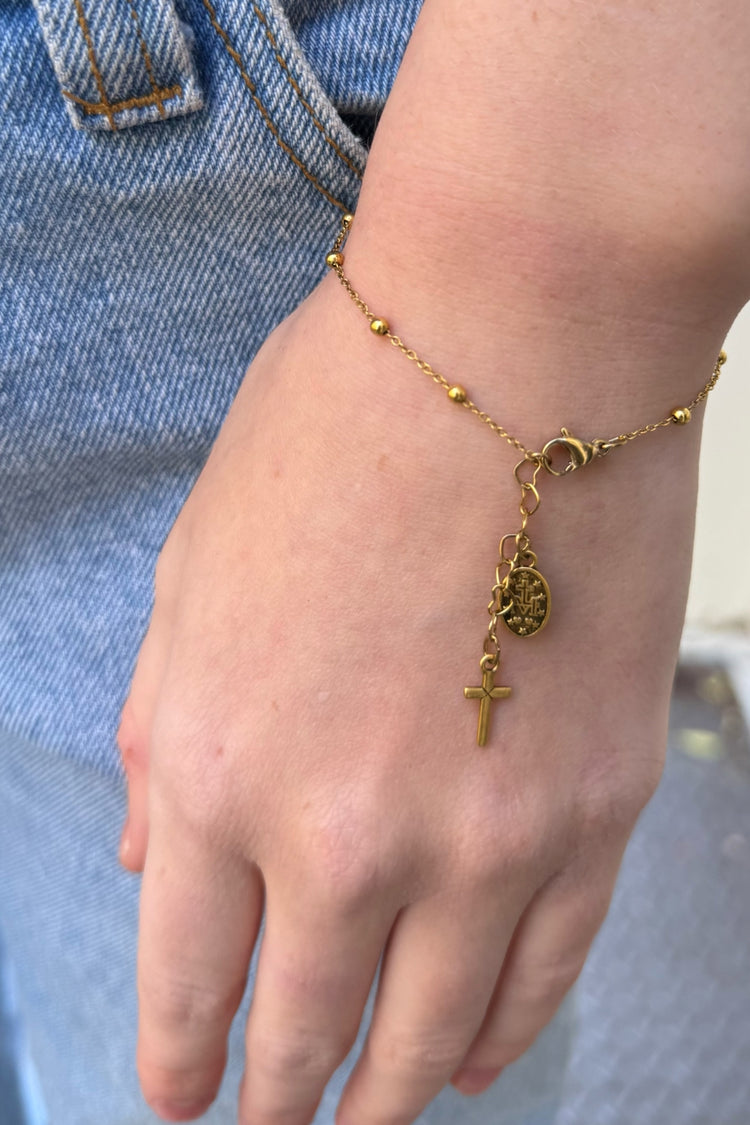 Beads And Cross Bracelet | Gold