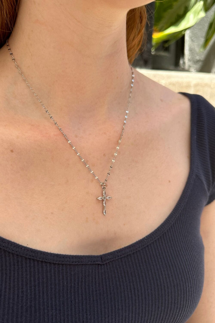 Rhinestone Cross Necklace | Silver