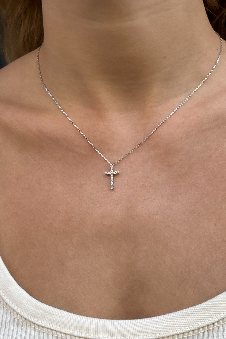 Rhinestone Cross Necklace | Silver