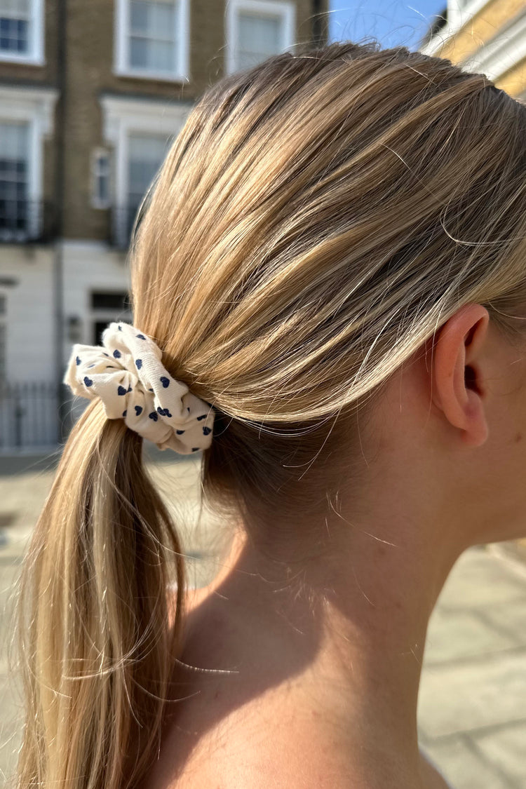 Heart Scrunchie | Ivory With Navy Hearts