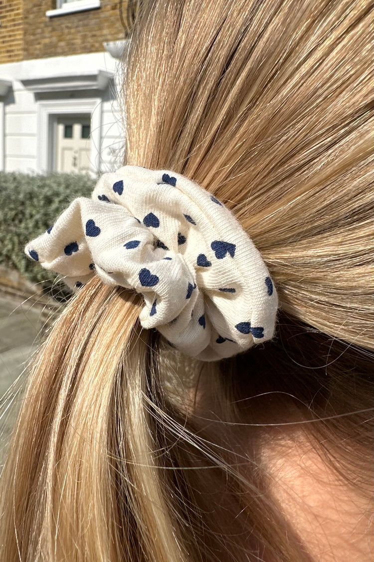 Heart Scrunchie | Ivory With Navy Hearts