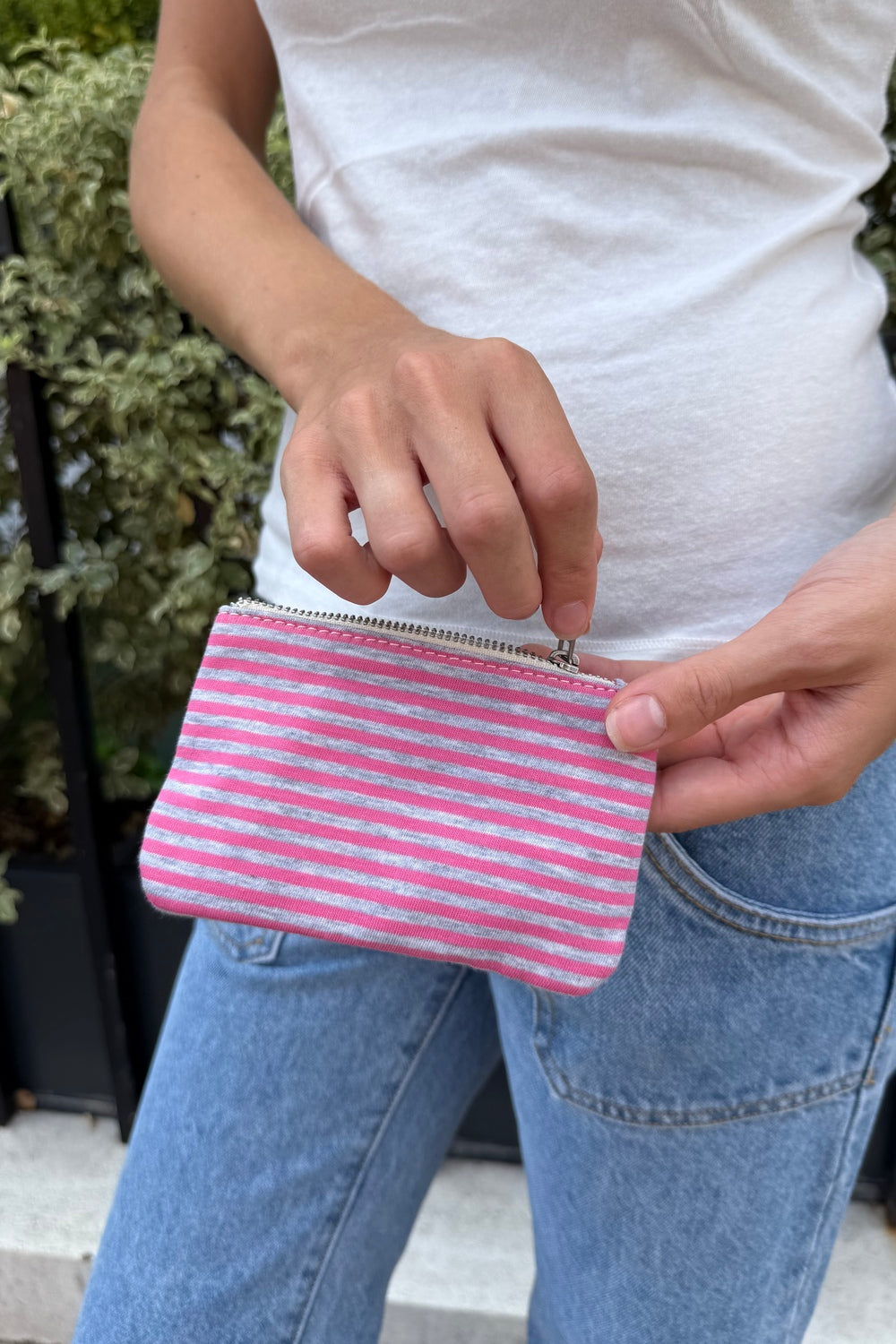 Striped Coin Purse | Pink And Heather Grey Stripes