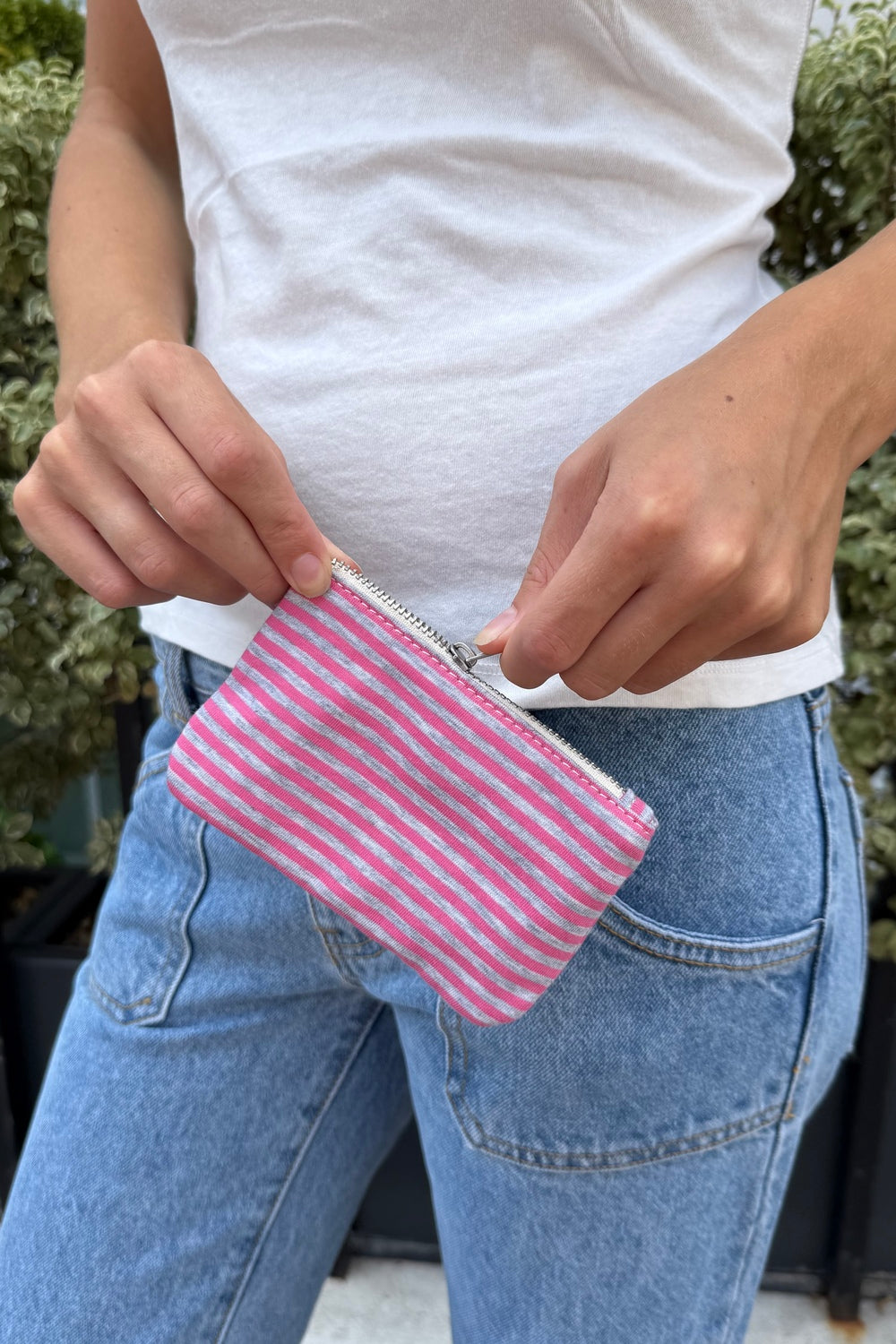 Striped Coin Purse | Pink And Heather Grey Stripes