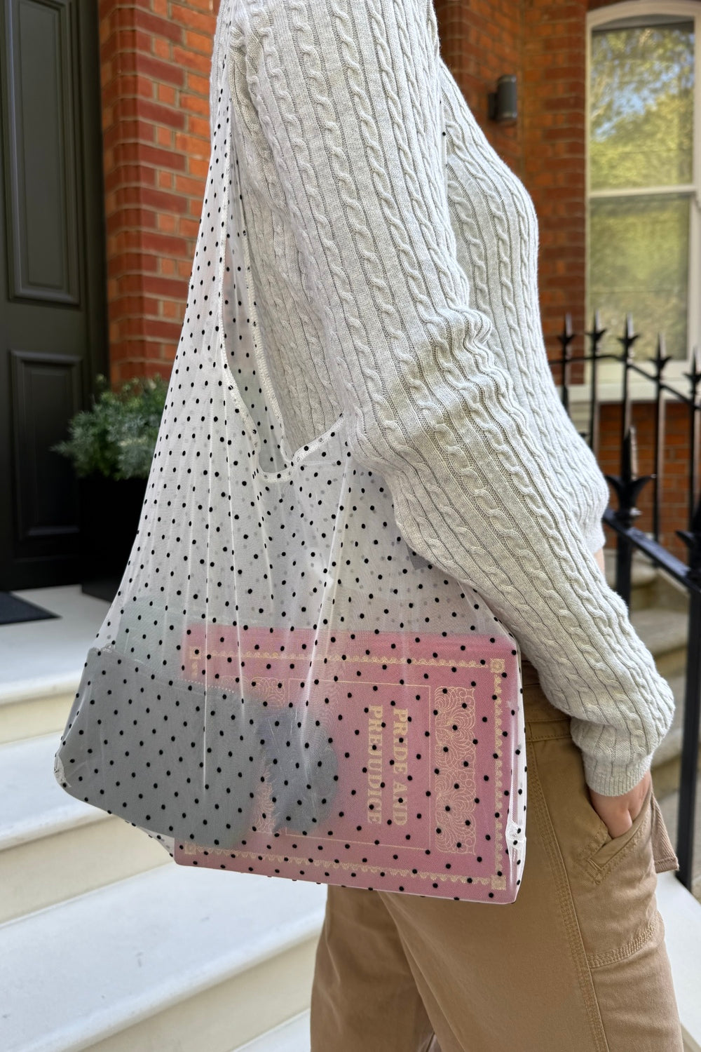 Polka Dots Mesh Tote Bag | White Black Polka Dots