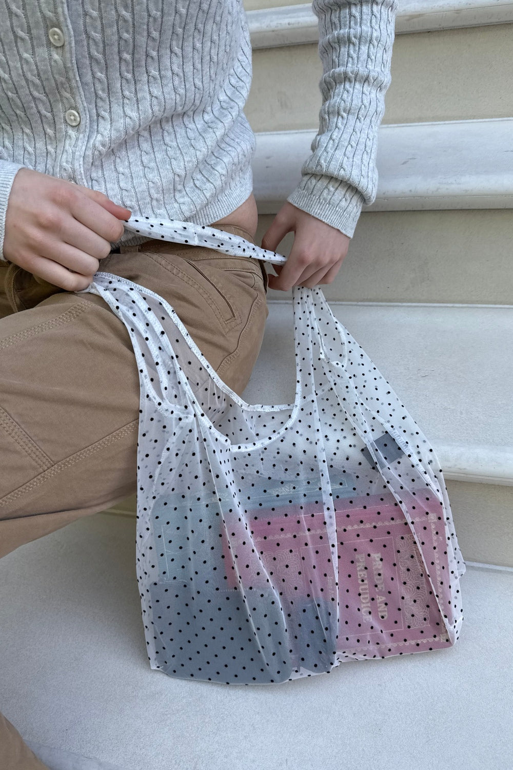 Polka Dots Mesh Tote Bag | White Black Polka Dots