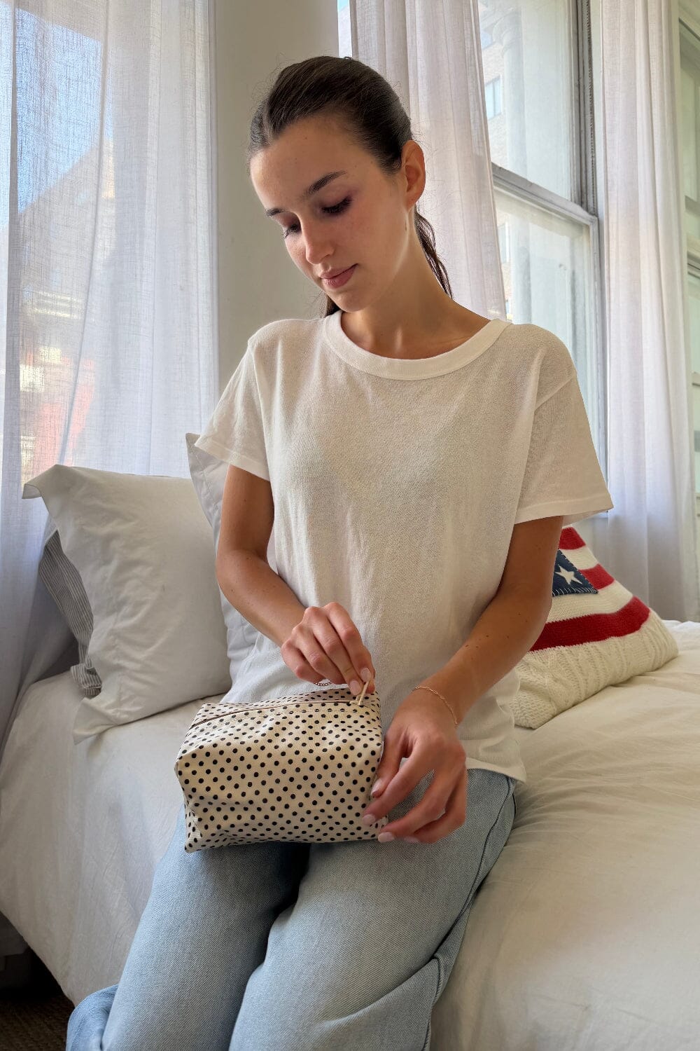 Polka Dots Makeup Bag | Ivory Faded Black Polka Dots