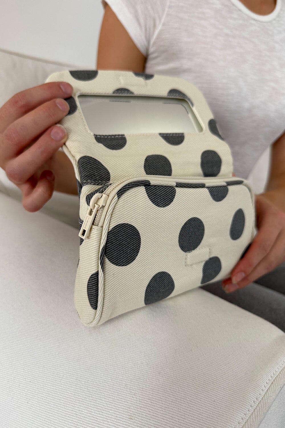 Polka Dots Makeup Bag | Ivory Faded Black Polka Dots