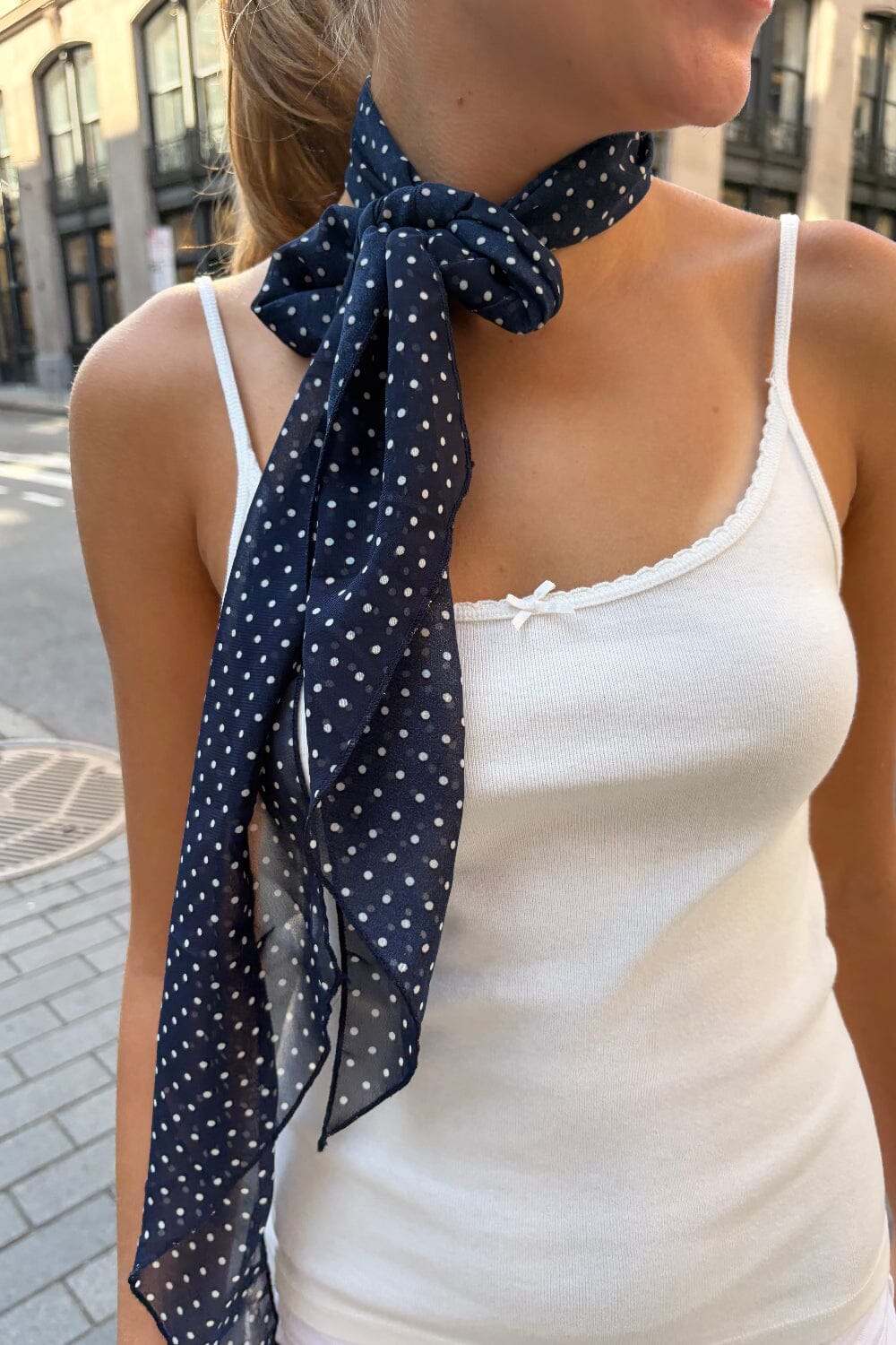Chiffon Polka Dots Scarf | Navy Blue White Polka Dots