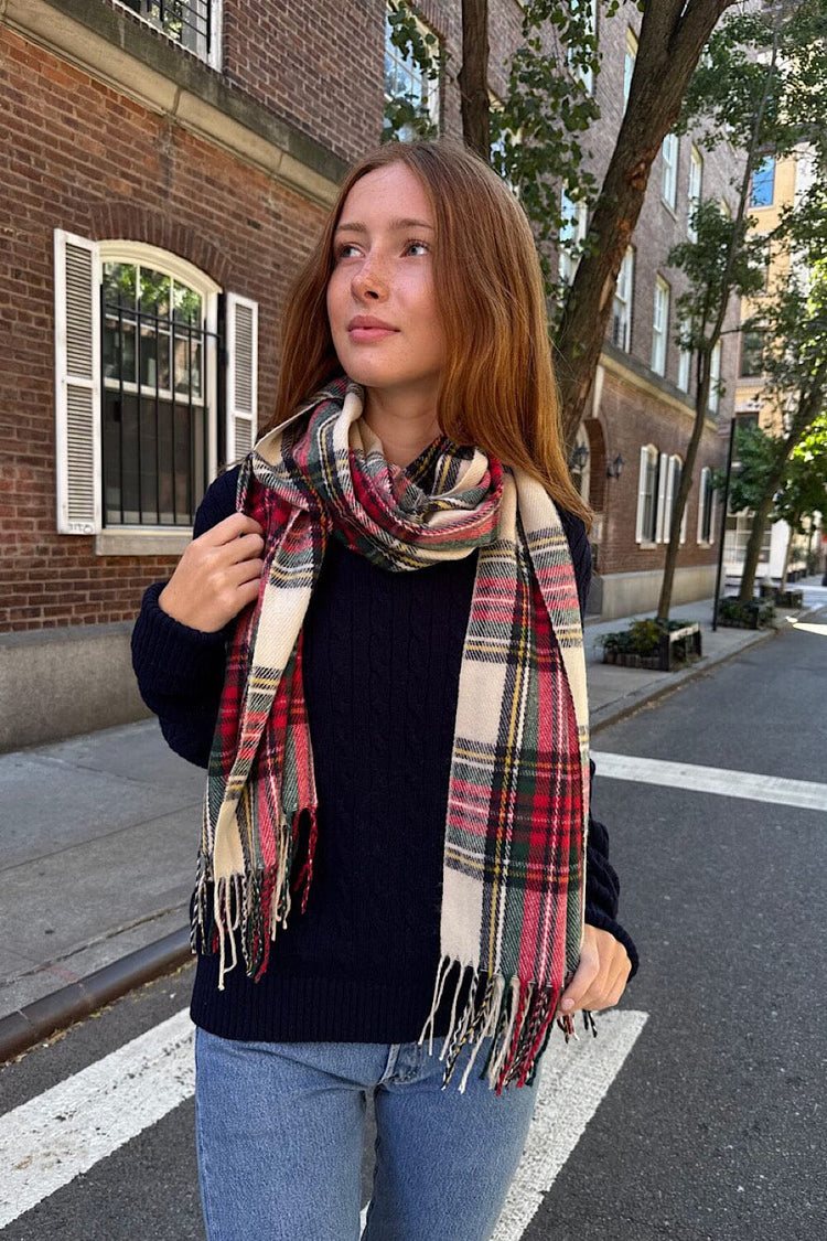 Tassel Plaid Scarf | Ivory Yellow Green Red Plaid