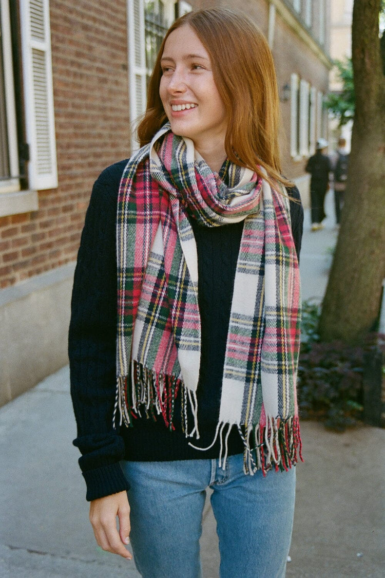 Tassel Plaid Scarf | Ivory Yellow Green Red Plaid